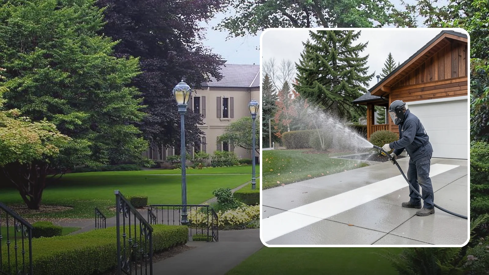 Concrete Brightening in Woodinville, King County, WA - Bring grayed, weathered concrete back to a bright, fresh tone with a post-wash brightening treatment.