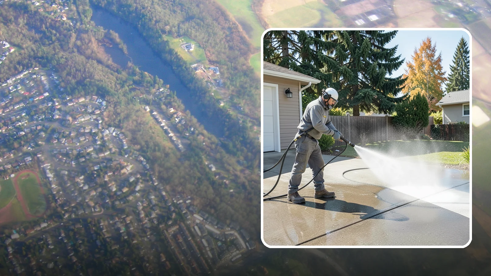 Concrete Cleaning in Algona, King County, WA - Restore dull, moss-shaded concrete around your Washington home to an even, clean finish with surface-cleaner pressure washing.