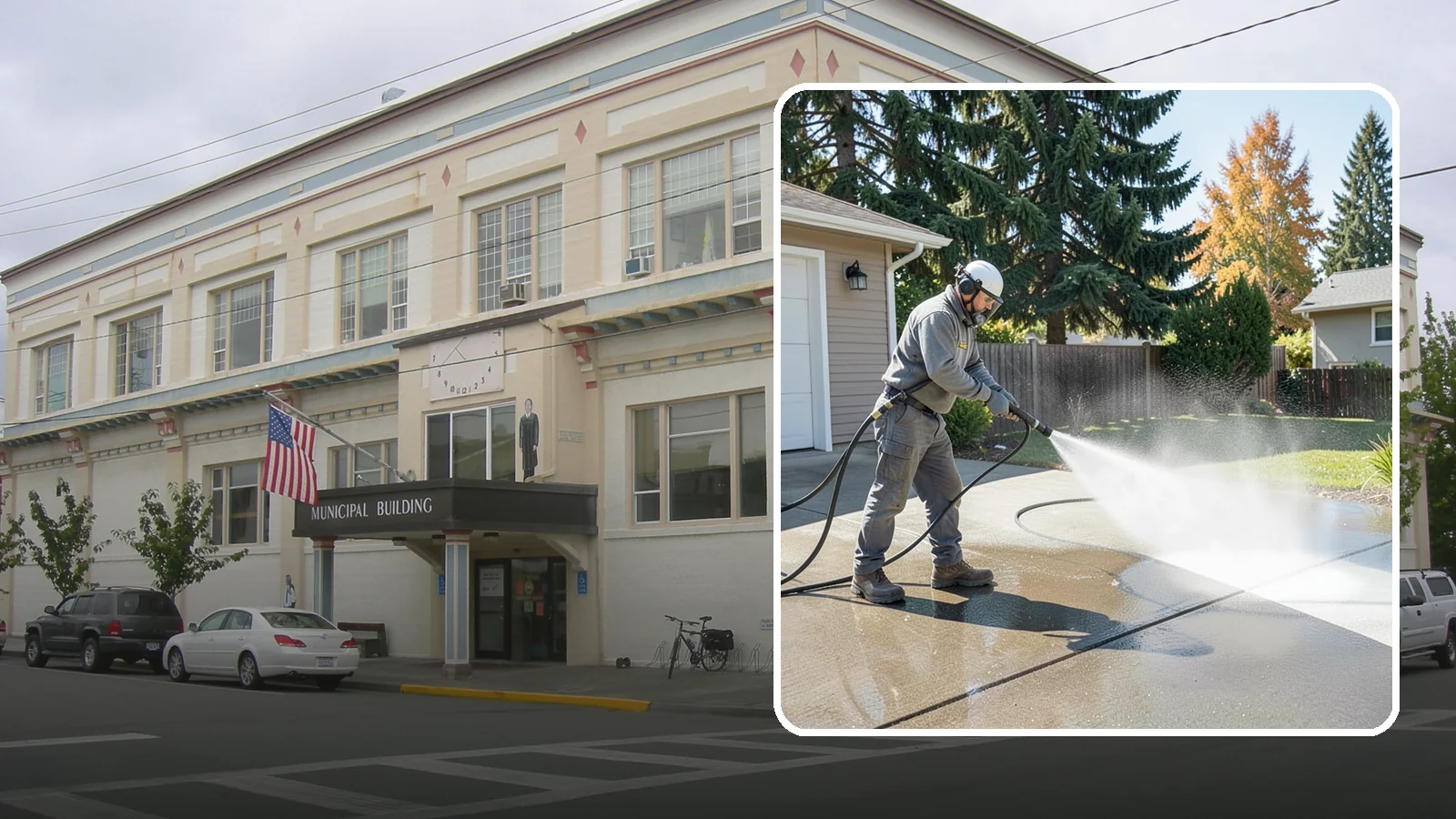 Concrete Cleaning in Anacortes, Skagit County, WA - Restore dull, moss-shaded concrete around your Washington home to an even, clean finish with surface-cleaner pressure washing.