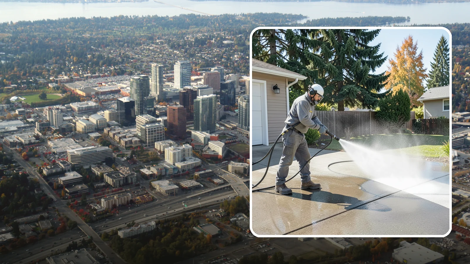 Concrete Cleaning in Bellevue, King County, WA - Restore dull, moss-shaded concrete around your Washington home to an even, clean finish with surface-cleaner pressure washing.