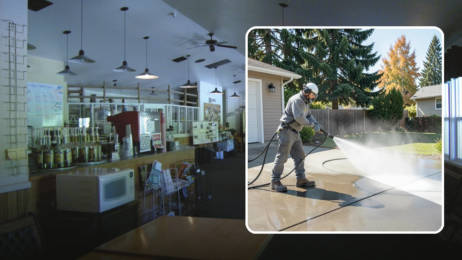 Concrete Cleaning in Black Diamond, King County, WA - Restore dull, moss-shaded concrete around your Washington home to an even, clean finish with surface-cleaner pressure washing.