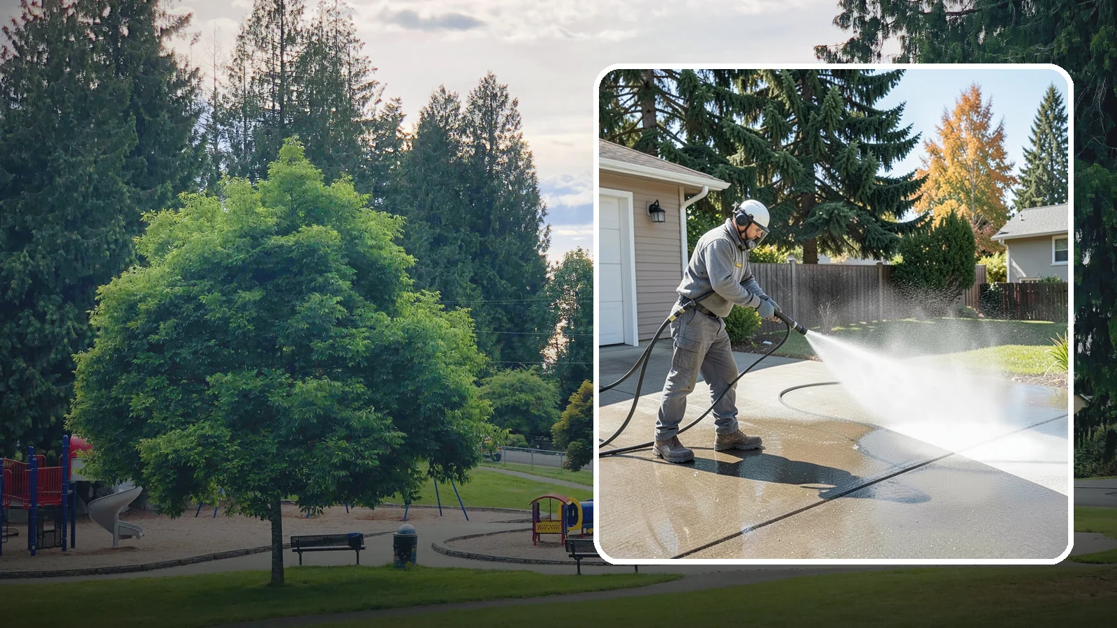 Concrete Cleaning in Bonney Lake, Pierce County, WA - Restore dull, moss-shaded concrete around your Washington home to an even, clean finish with surface-cleaner pressure washing.