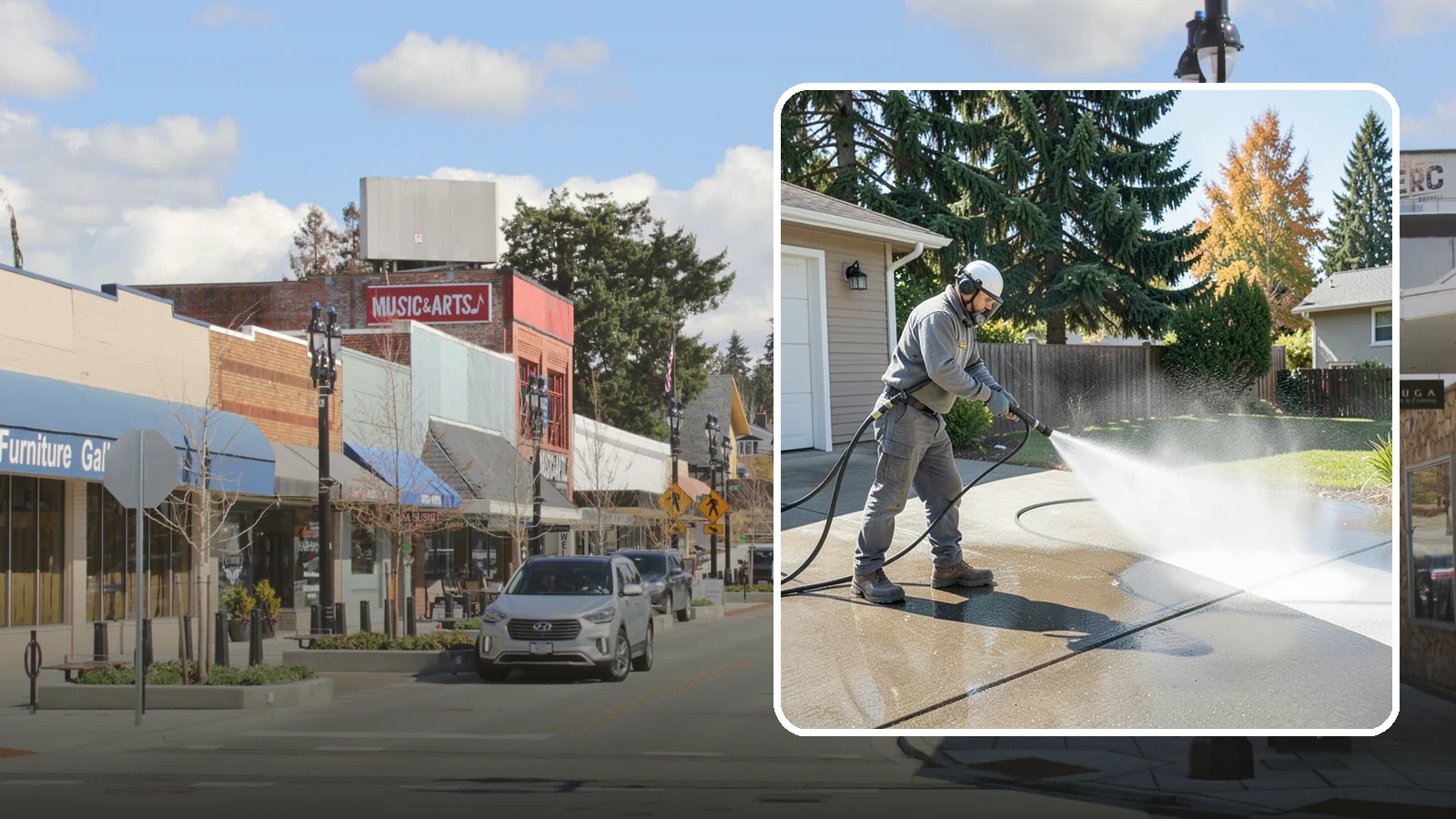 Concrete Cleaning in Bothell, King County, WA - Restore dull, moss-shaded concrete around your Washington home to an even, clean finish with surface-cleaner pressure washing.