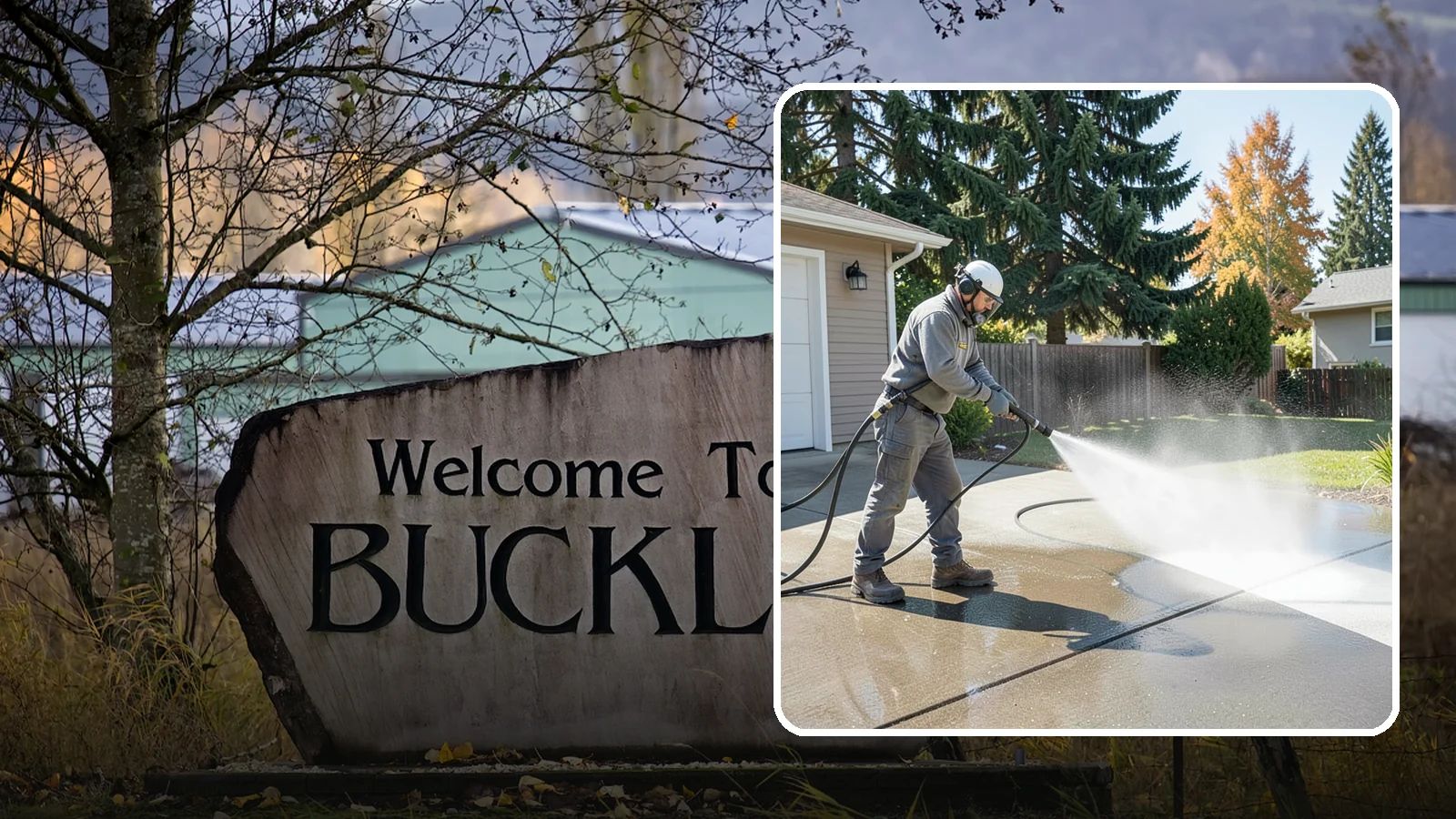 Concrete Cleaning in Buckley, Pierce County, WA - Restore dull, moss-shaded concrete around your Washington home to an even, clean finish with surface-cleaner pressure washing.
