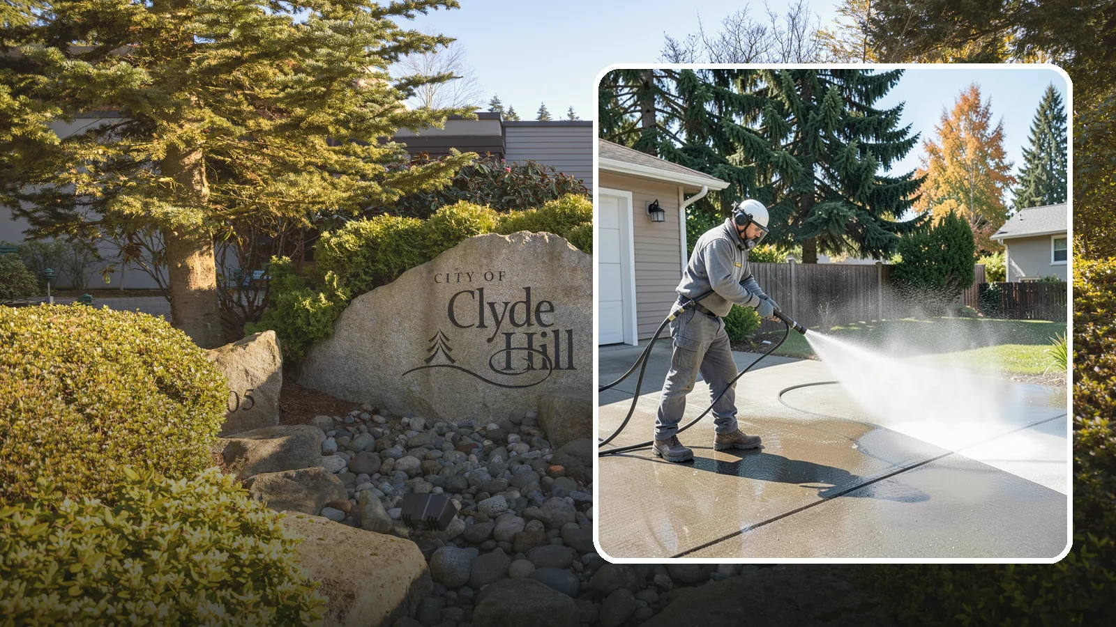 Concrete Cleaning in Clyde Hill, King County, WA - Restore dull, moss-shaded concrete around your Washington home to an even, clean finish with surface-cleaner pressure washing.