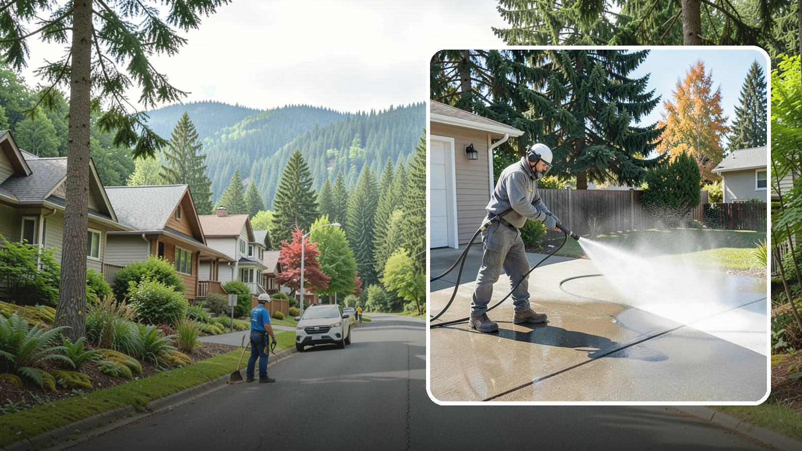 Concrete Cleaning in Darrington, Snohomish County, WA - Restore dull, moss-shaded concrete around your Washington home to an even, clean finish with surface-cleaner pressure washing.
