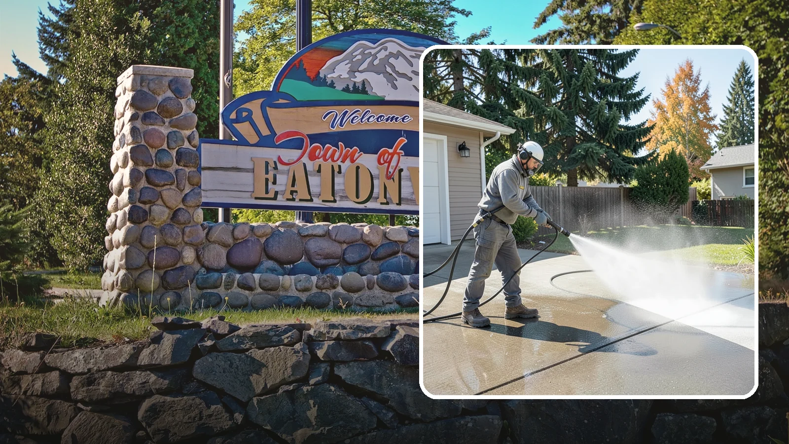 Concrete Cleaning in Eatonville, Pierce County, WA - Restore dull, moss-shaded concrete around your Washington home to an even, clean finish with surface-cleaner pressure washing.