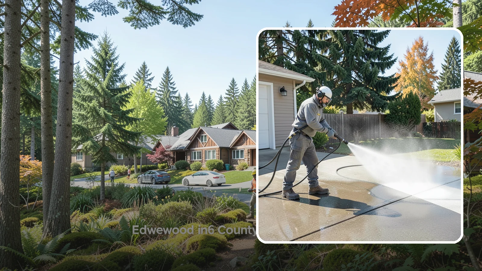 Concrete Cleaning in Edgewood, Pierce County, WA - Restore dull, moss-shaded concrete around your Washington home to an even, clean finish with surface-cleaner pressure washing.