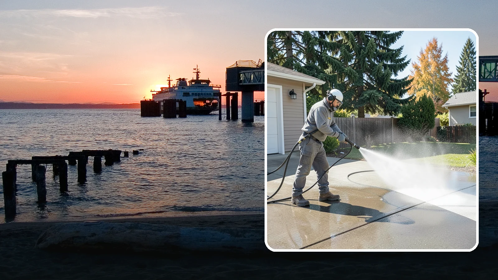 Concrete Cleaning in Edmonds, Snohomish County, WA - Restore dull, moss-shaded concrete around your Washington home to an even, clean finish with surface-cleaner pressure washing.