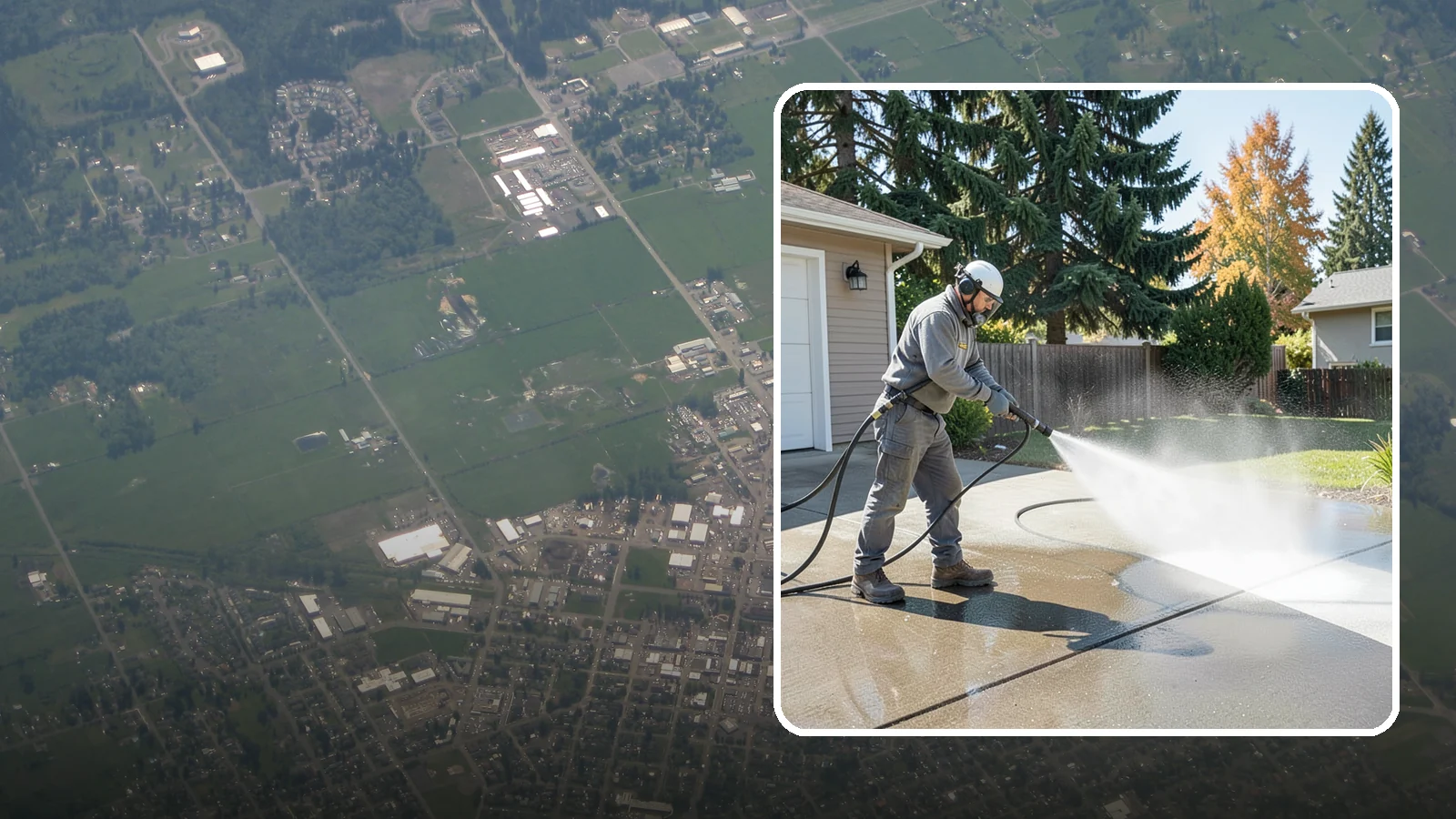 Concrete Cleaning in Enumclaw, King County, WA - Restore dull, moss-shaded concrete around your Washington home to an even, clean finish with surface-cleaner pressure washing.