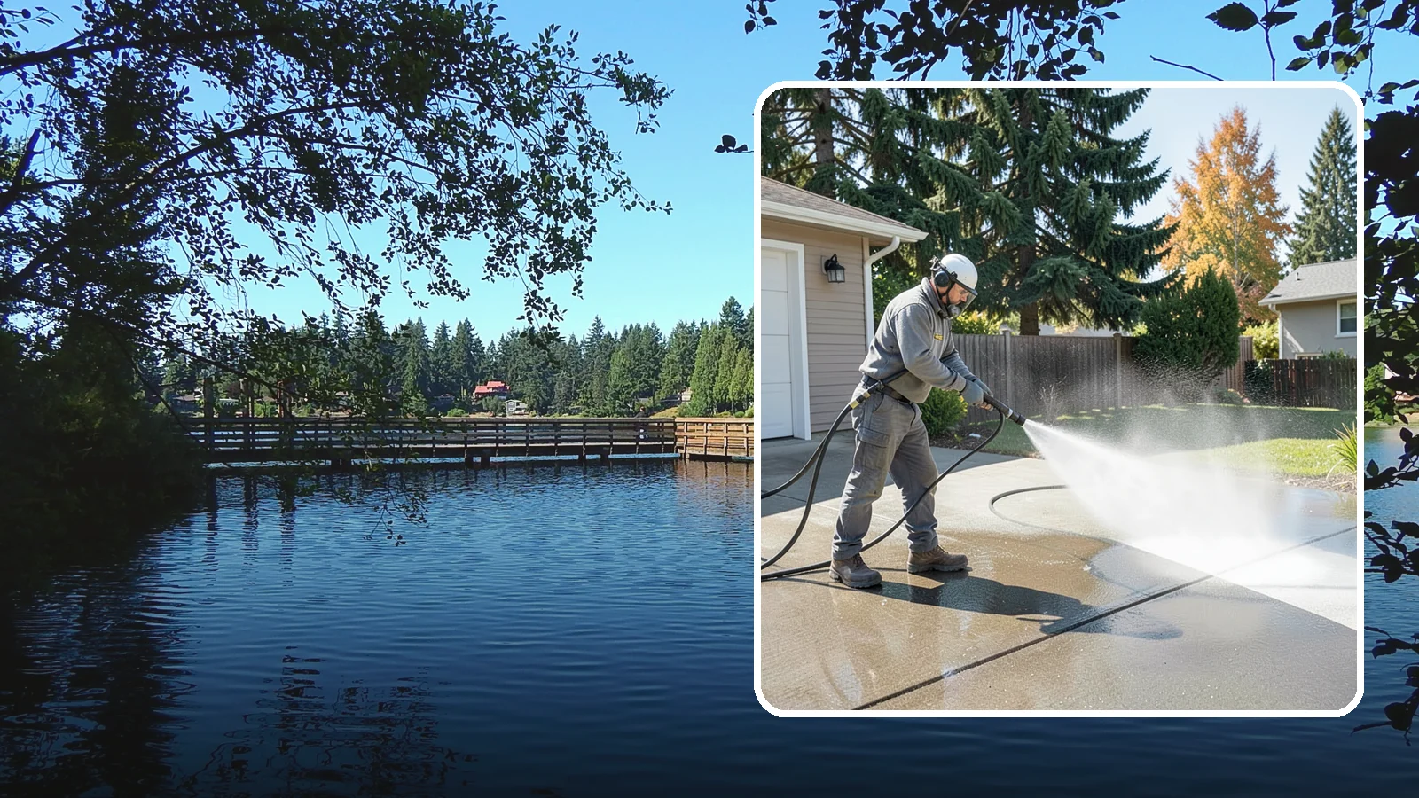 Concrete Cleaning in Federal Way, King County, WA - Restore dull, moss-shaded concrete around your Washington home to an even, clean finish with surface-cleaner pressure washing.