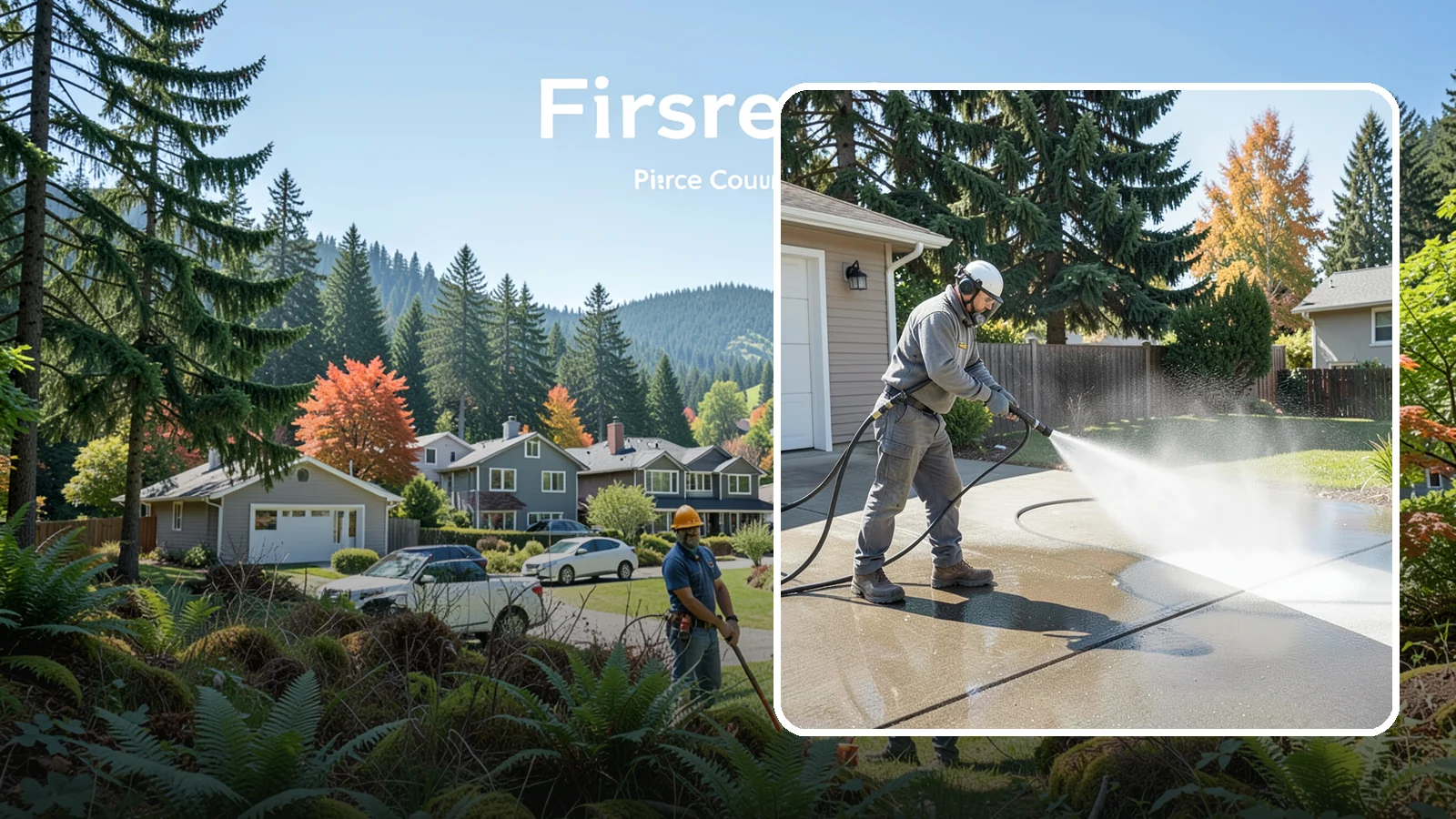Concrete Cleaning in Fircrest, Pierce County, WA - Restore dull, moss-shaded concrete around your Washington home to an even, clean finish with surface-cleaner pressure washing.