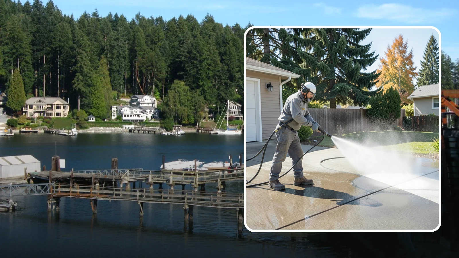 Concrete Cleaning in Gig Harbor, Pierce County, WA - Restore dull, moss-shaded concrete around your Washington home to an even, clean finish with surface-cleaner pressure washing.