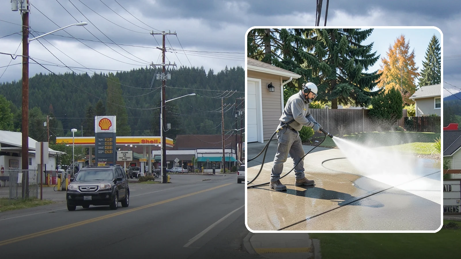 Concrete Cleaning in Granite Falls, Snohomish County, WA - Restore dull, moss-shaded concrete around your Washington home to an even, clean finish with surface-cleaner pressure washing.