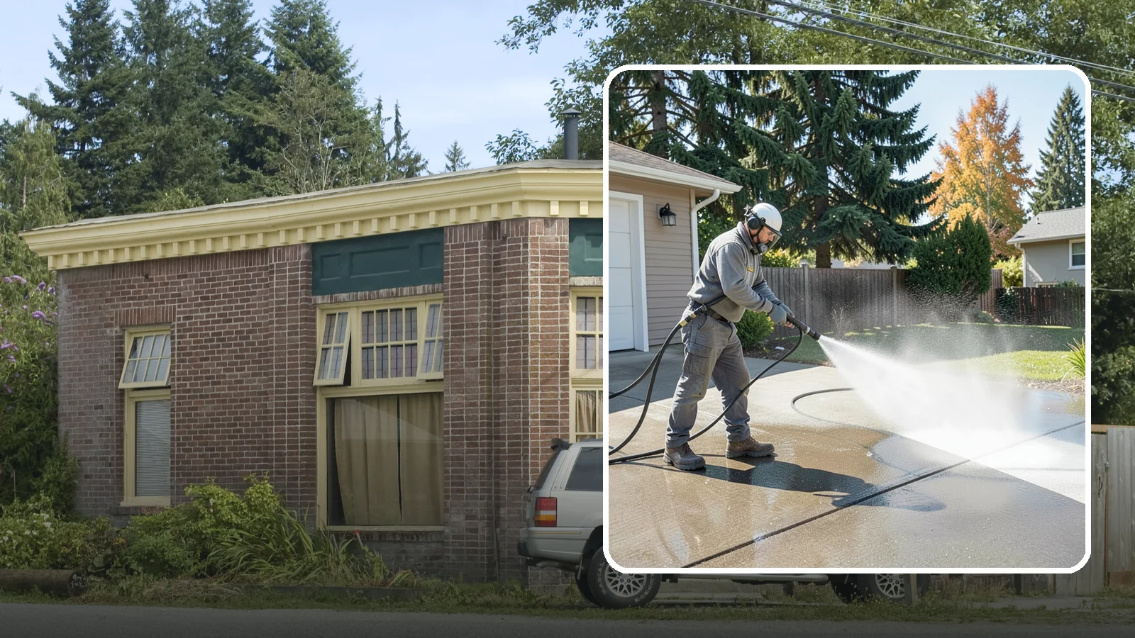 Concrete Cleaning in Hamilton, Skagit County, WA - Restore dull, moss-shaded concrete around your Washington home to an even, clean finish with surface-cleaner pressure washing.