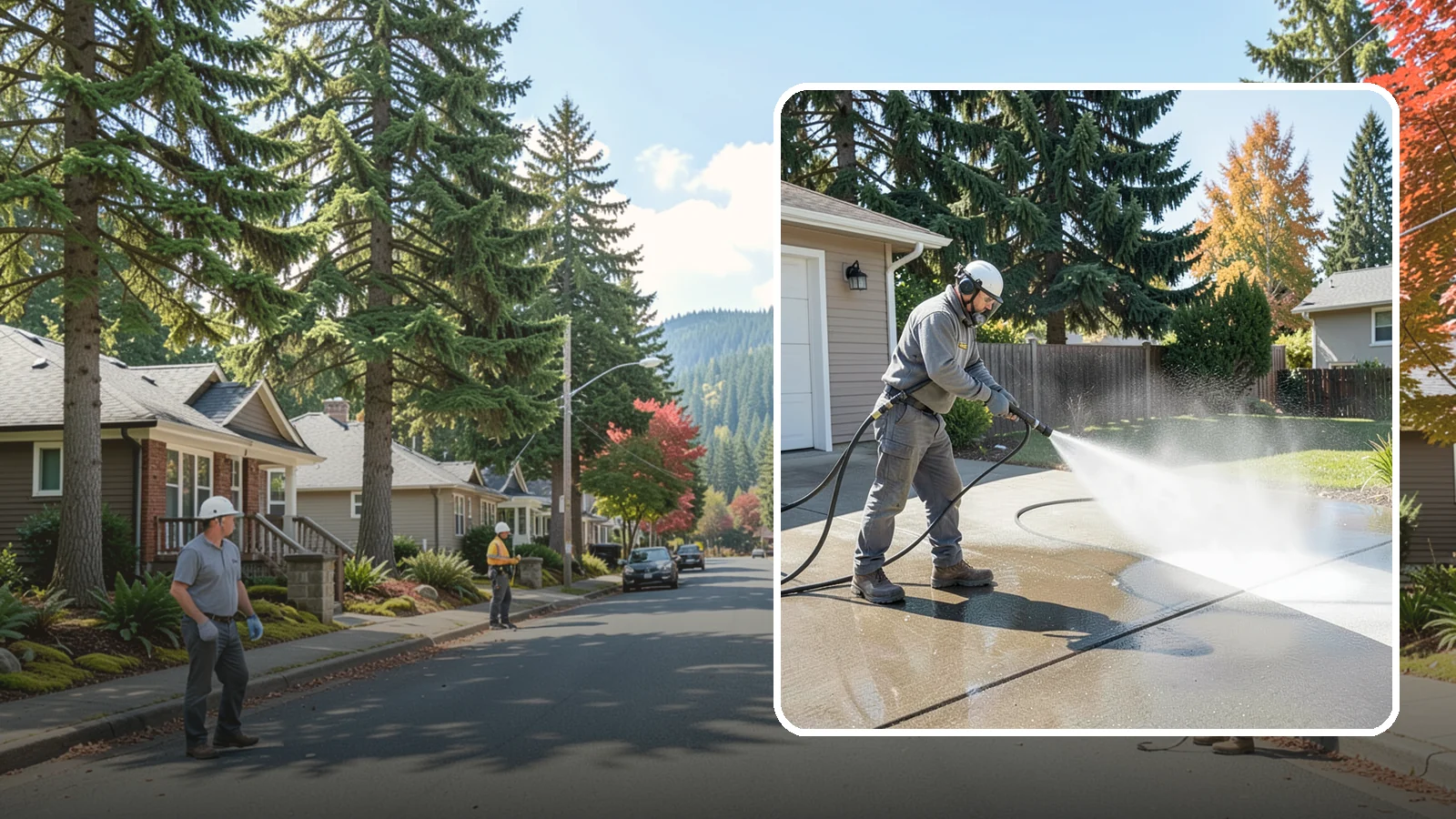 Concrete Cleaning in Hunts Point, King County, WA - Restore dull, moss-shaded concrete around your Washington home to an even, clean finish with surface-cleaner pressure washing.