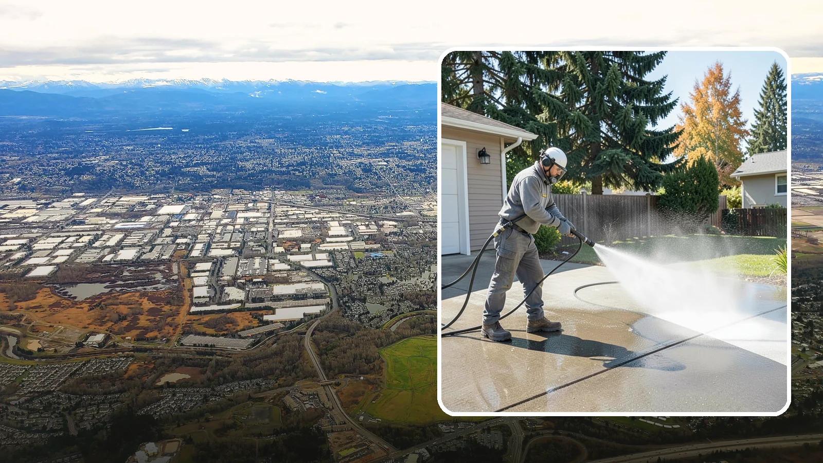 Concrete Cleaning in Kent, King County, WA - Restore dull, moss-shaded concrete around your Washington home to an even, clean finish with surface-cleaner pressure washing.