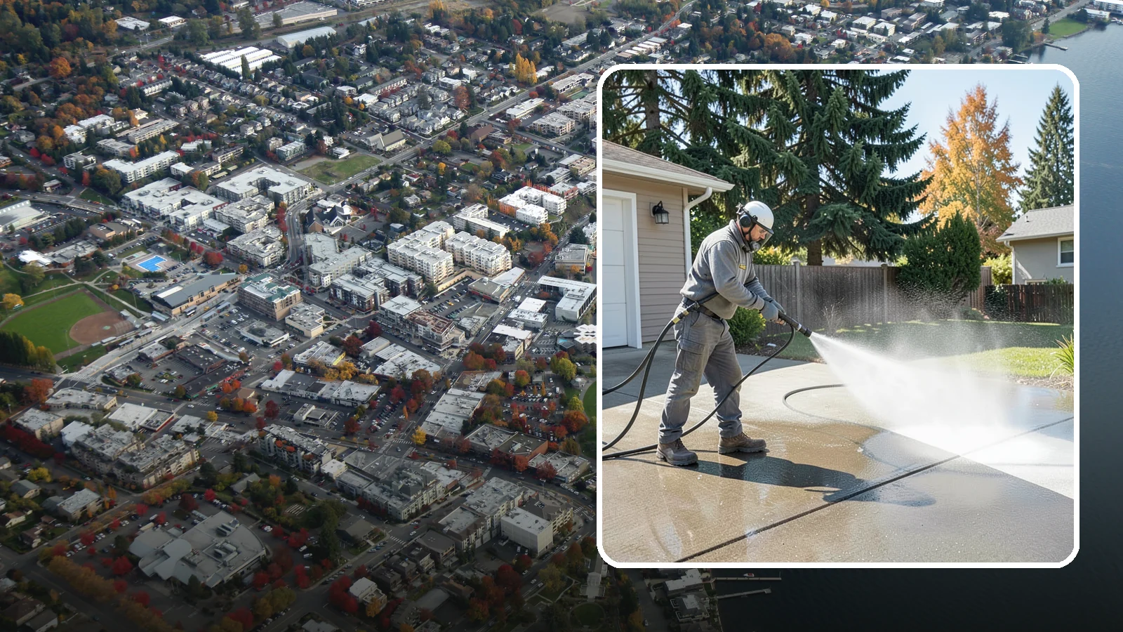 Concrete Cleaning in Kirkland, King County, WA - Restore dull, moss-shaded concrete around your Washington home to an even, clean finish with surface-cleaner pressure washing.