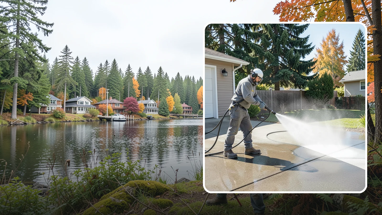 Concrete Cleaning in La Conner, Skagit County, WA - Restore dull, moss-shaded concrete around your Washington home to an even, clean finish with surface-cleaner pressure washing.