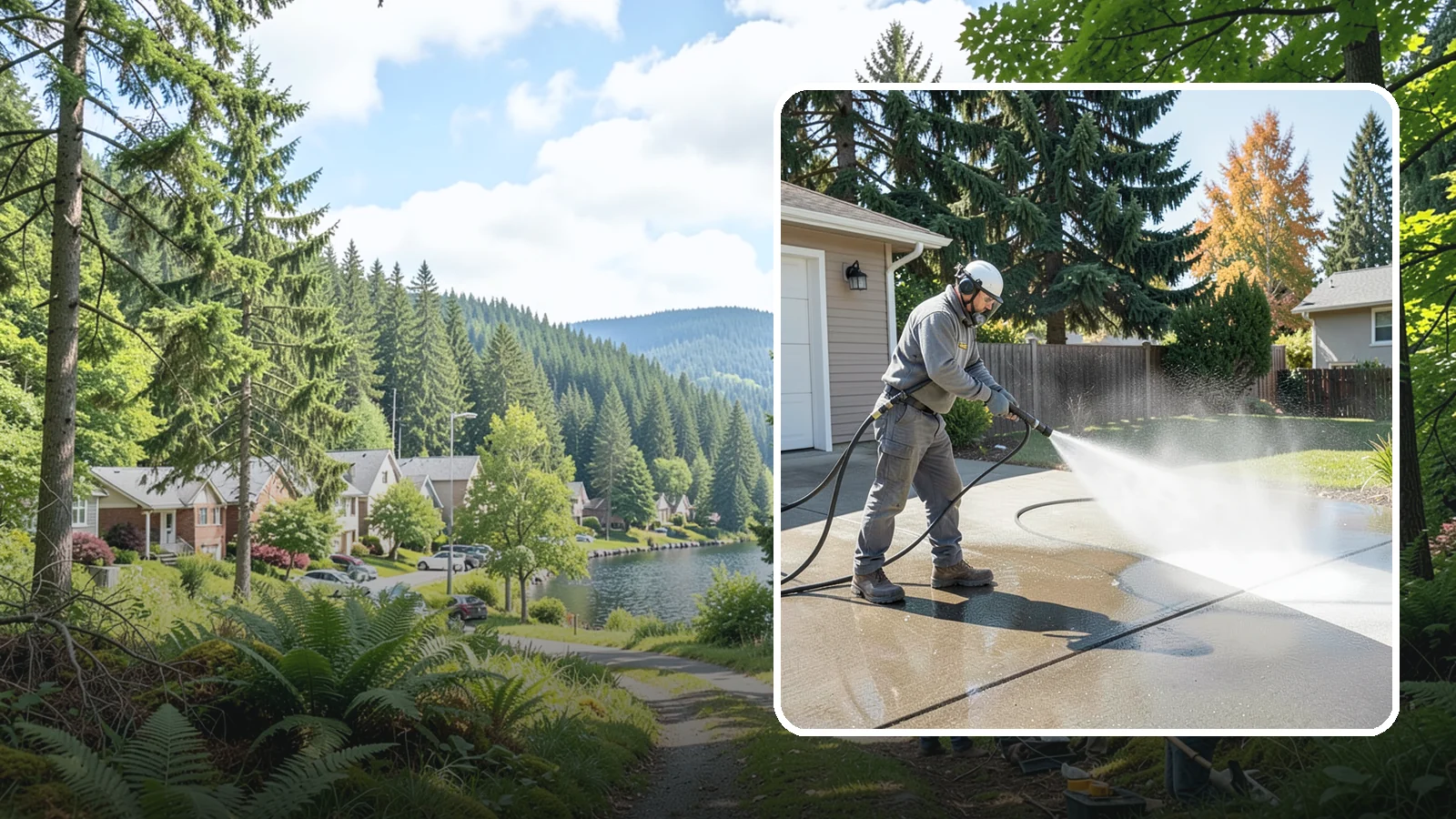 Concrete Cleaning in Lake Forest Park, King County, WA - Restore dull, moss-shaded concrete around your Washington home to an even, clean finish with surface-cleaner pressure washing.