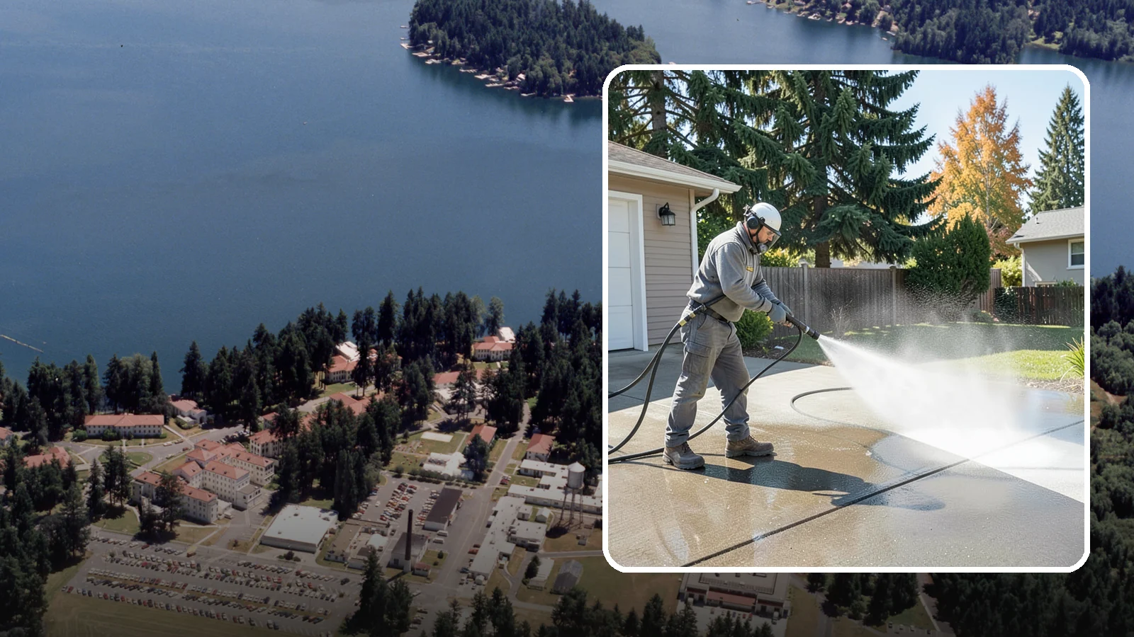 Concrete Cleaning in Lakewood, Pierce County, WA - Restore dull, moss-shaded concrete around your Washington home to an even, clean finish with surface-cleaner pressure washing.