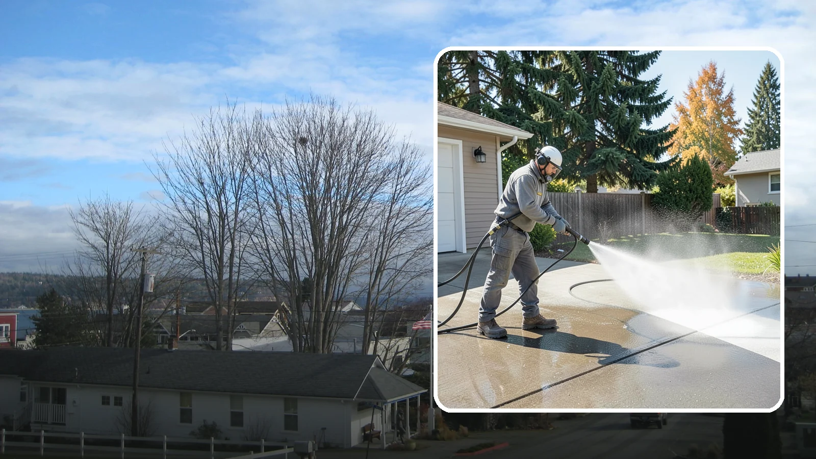 Concrete Cleaning in Langley, Island County, WA - Restore dull, moss-shaded concrete around your Washington home to an even, clean finish with surface-cleaner pressure washing.