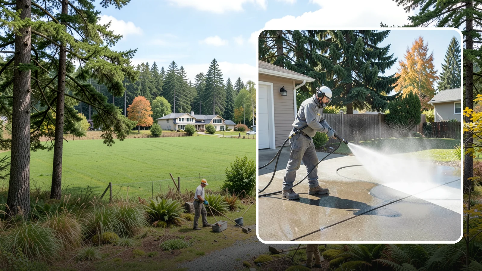 Concrete Cleaning in Lyman, Skagit County, WA - Restore dull, moss-shaded concrete around your Washington home to an even, clean finish with surface-cleaner pressure washing.