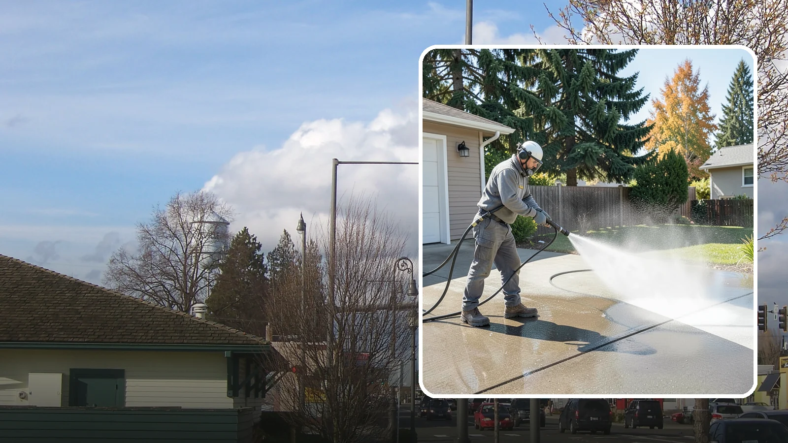 Concrete Cleaning in Marysville, Snohomish County, WA - Restore dull, moss-shaded concrete around your Washington home to an even, clean finish with surface-cleaner pressure washing.