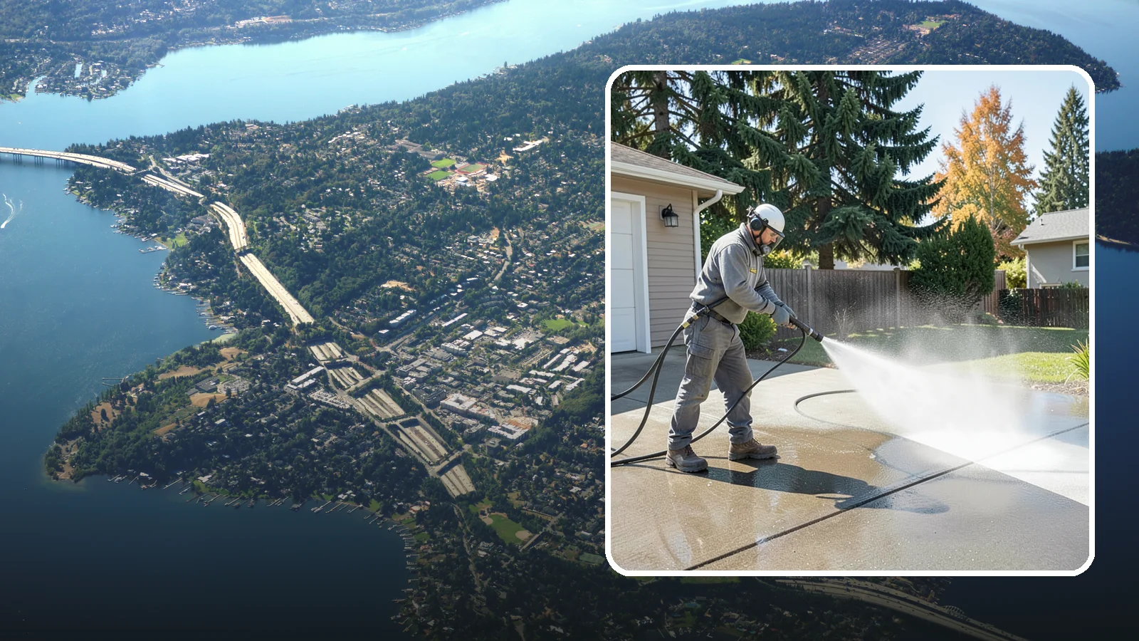Concrete Cleaning in Mercer Island, King County, WA - Restore dull, moss-shaded concrete around your Washington home to an even, clean finish with surface-cleaner pressure washing.