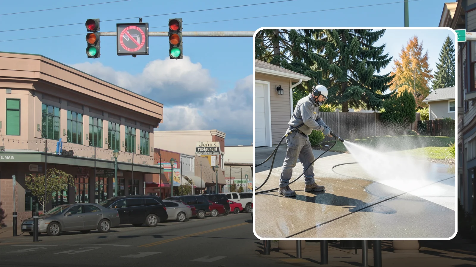 Concrete Cleaning in Monroe, Snohomish County, WA - Restore dull, moss-shaded concrete around your Washington home to an even, clean finish with surface-cleaner pressure washing.