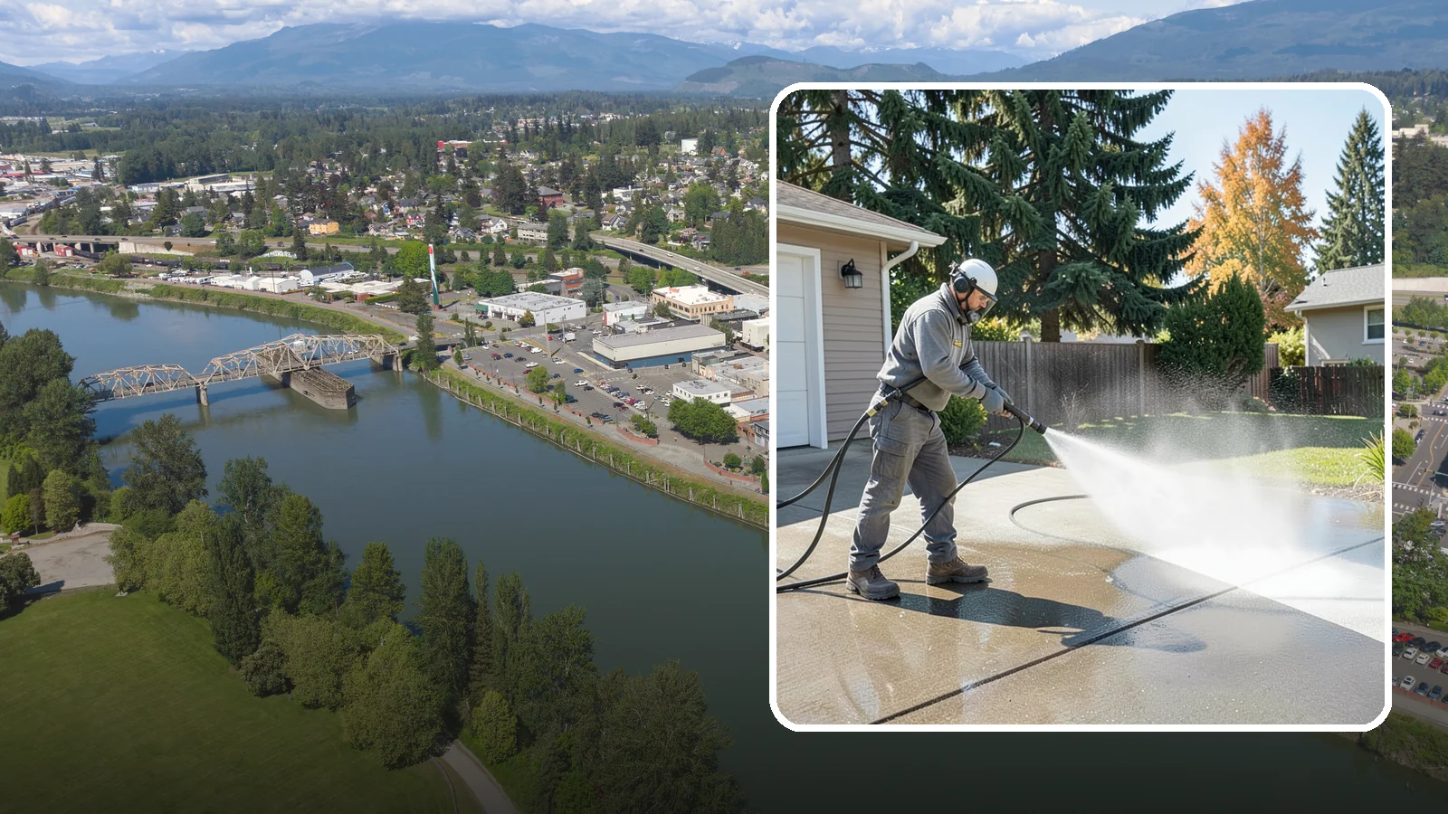 Concrete Cleaning in Mount Vernon, Skagit County, WA - Restore dull, moss-shaded concrete around your Washington home to an even, clean finish with surface-cleaner pressure washing.