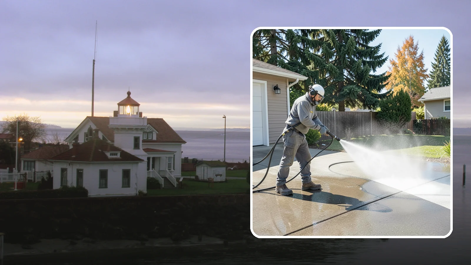 Concrete Cleaning in Mukilteo, Snohomish County, WA - Restore dull, moss-shaded concrete around your Washington home to an even, clean finish with surface-cleaner pressure washing.