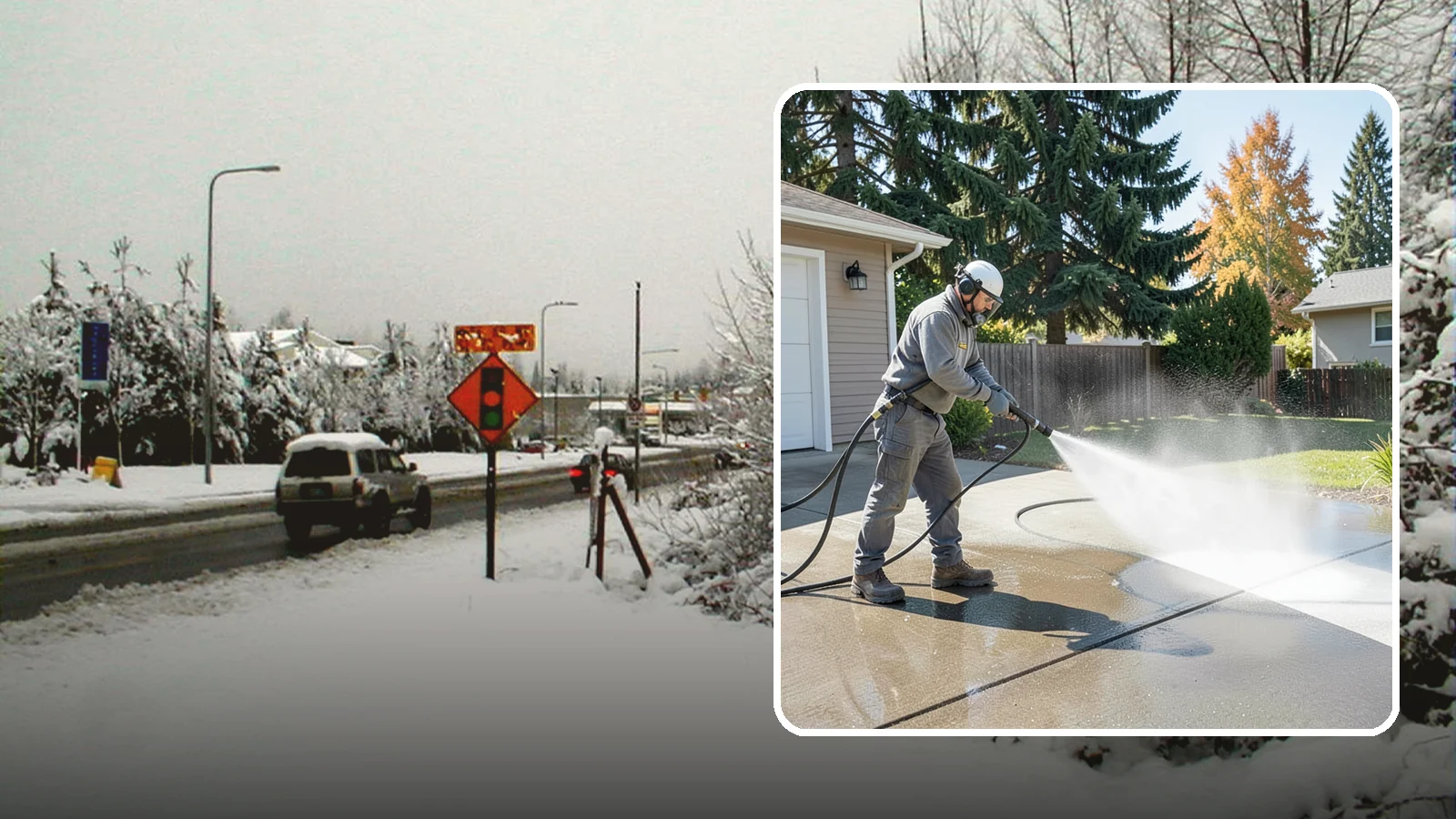 Concrete Cleaning in Newcastle, King County, WA - Restore dull, moss-shaded concrete around your Washington home to an even, clean finish with surface-cleaner pressure washing.