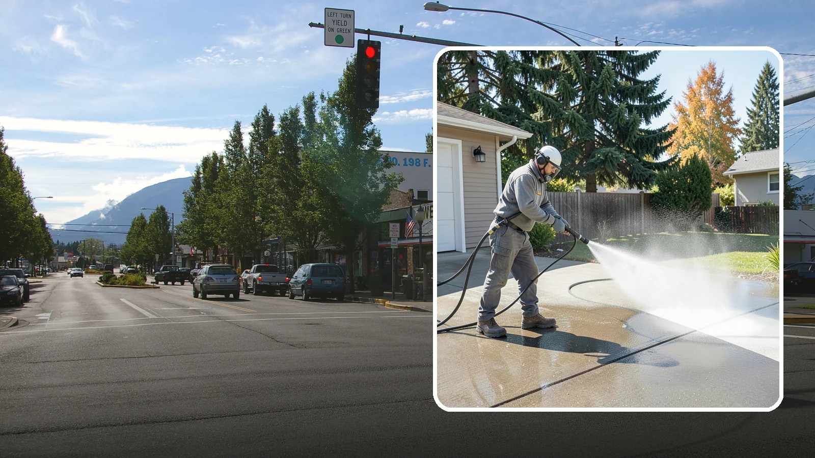 Concrete Cleaning in North Bend, King County, WA - Restore dull, moss-shaded concrete around your Washington home to an even, clean finish with surface-cleaner pressure washing.