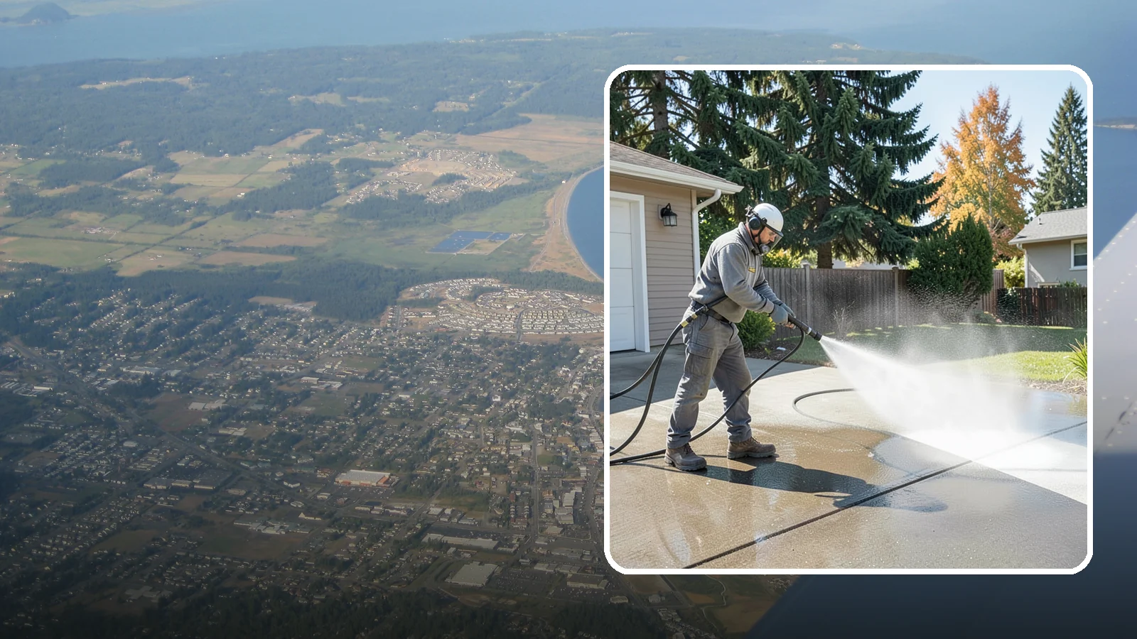 Concrete Cleaning in Oak Harbor, Island County, WA - Restore dull, moss-shaded concrete around your Washington home to an even, clean finish with surface-cleaner pressure washing.