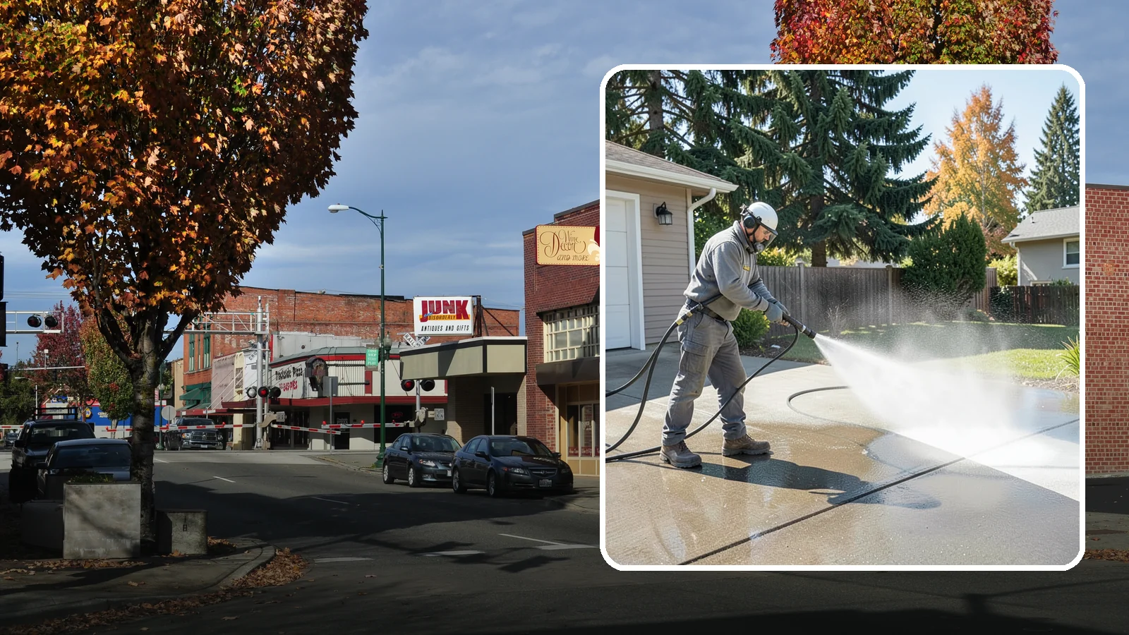 Concrete Cleaning in Puyallup, Pierce County, WA - Restore dull, moss-shaded concrete around your Washington home to an even, clean finish with surface-cleaner pressure washing.