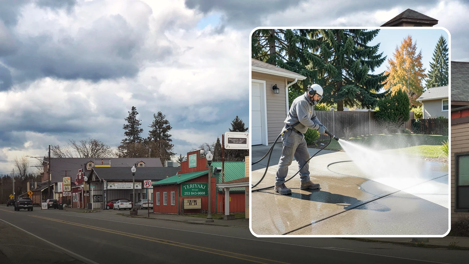 Concrete Cleaning in Roy, Pierce County, WA - Restore dull, moss-shaded concrete around your Washington home to an even, clean finish with surface-cleaner pressure washing.
