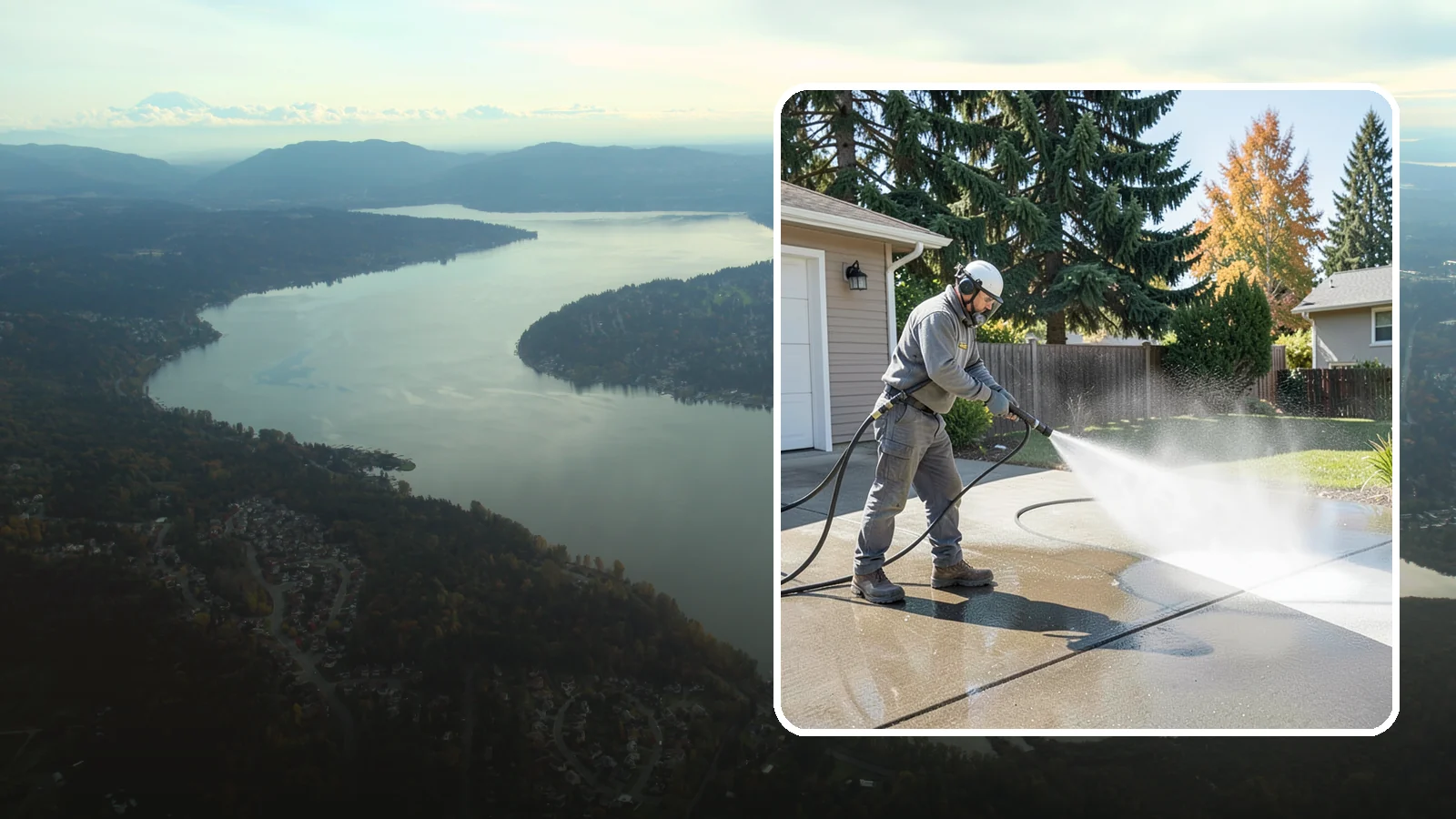 Concrete Cleaning in Sammamish, King County, WA - Restore dull, moss-shaded concrete around your Washington home to an even, clean finish with surface-cleaner pressure washing.