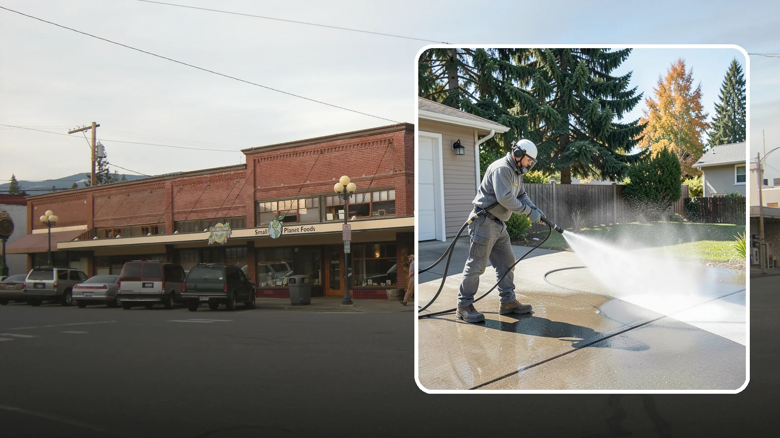 Concrete Cleaning in Sedro-Woolley, Skagit County, WA - Restore dull, moss-shaded concrete around your Washington home to an even, clean finish with surface-cleaner pressure washing.