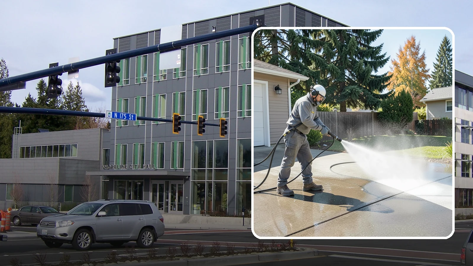 Concrete Cleaning in Shoreline, King County, WA - Restore dull, moss-shaded concrete around your Washington home to an even, clean finish with surface-cleaner pressure washing.