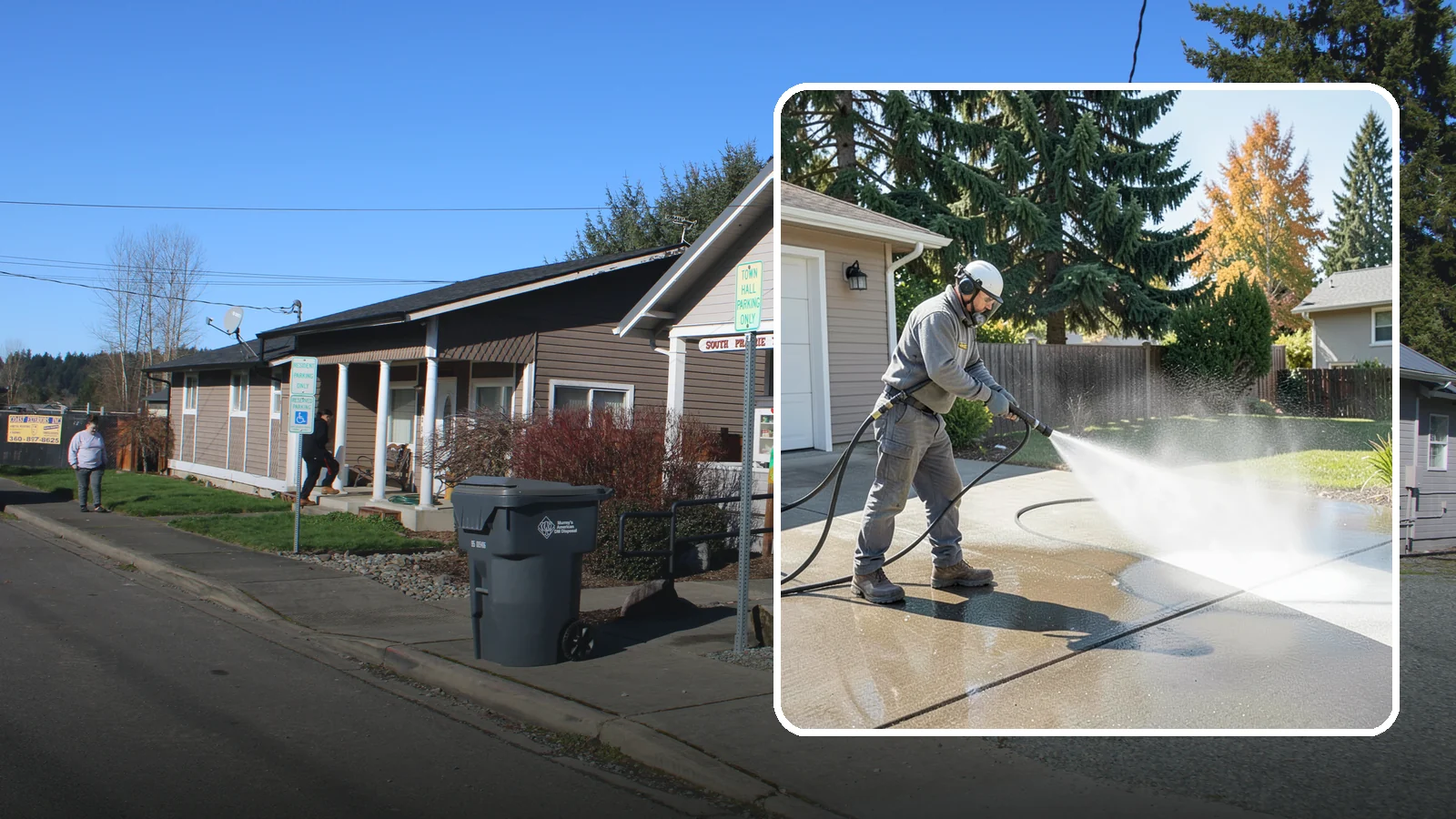 Concrete Cleaning in South Prairie, Pierce County, WA - Restore dull, moss-shaded concrete around your Washington home to an even, clean finish with surface-cleaner pressure washing.