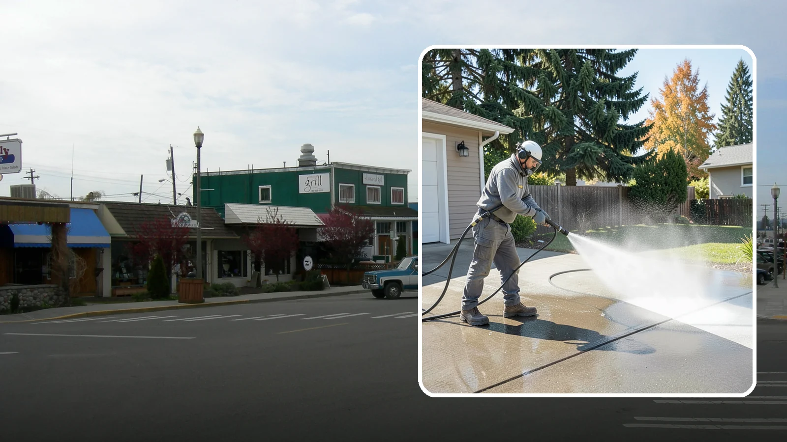 Concrete Cleaning in Stanwood, Snohomish County, WA - Restore dull, moss-shaded concrete around your Washington home to an even, clean finish with surface-cleaner pressure washing.