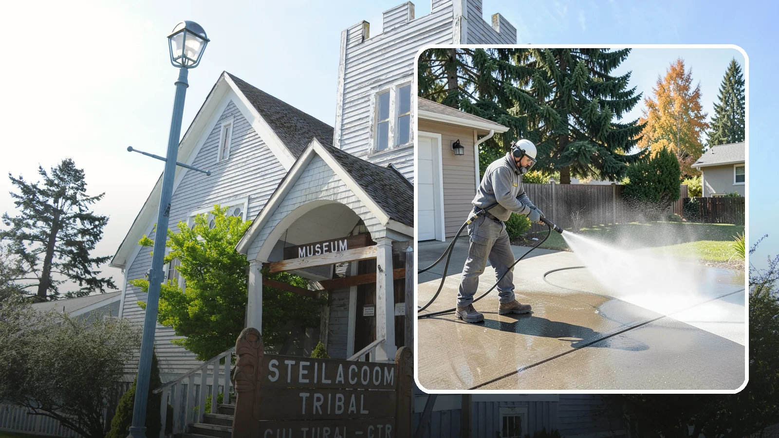 Concrete Cleaning in Steilacoom, Pierce County, WA - Restore dull, moss-shaded concrete around your Washington home to an even, clean finish with surface-cleaner pressure washing.
