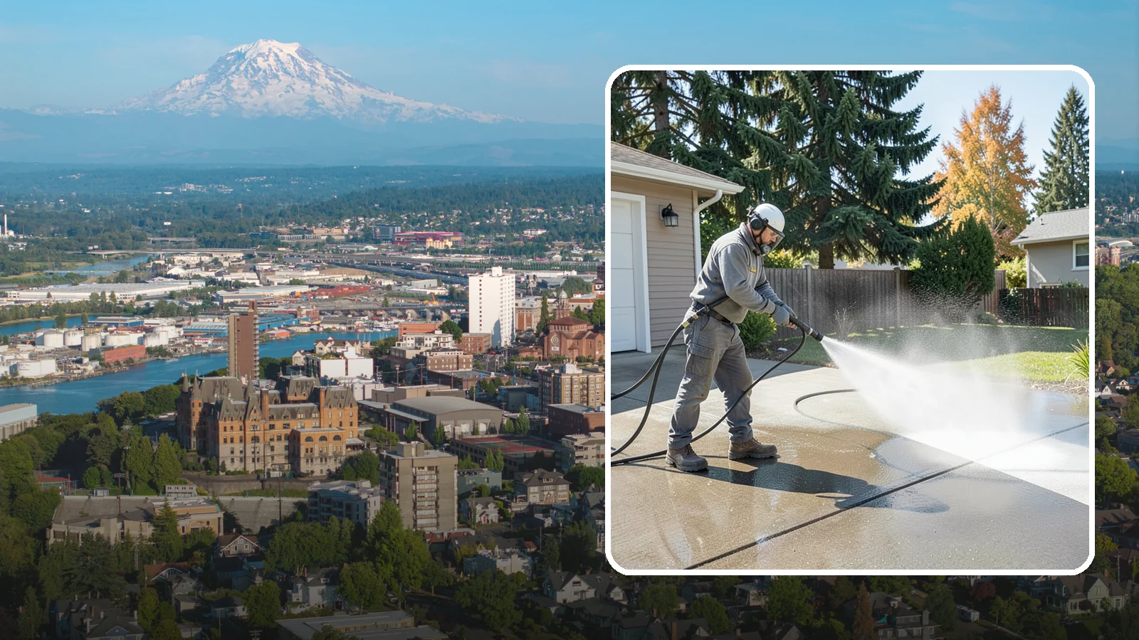 Concrete Cleaning in Tacoma, Pierce County, WA - Restore dull, moss-shaded concrete around your Washington home to an even, clean finish with surface-cleaner pressure washing.