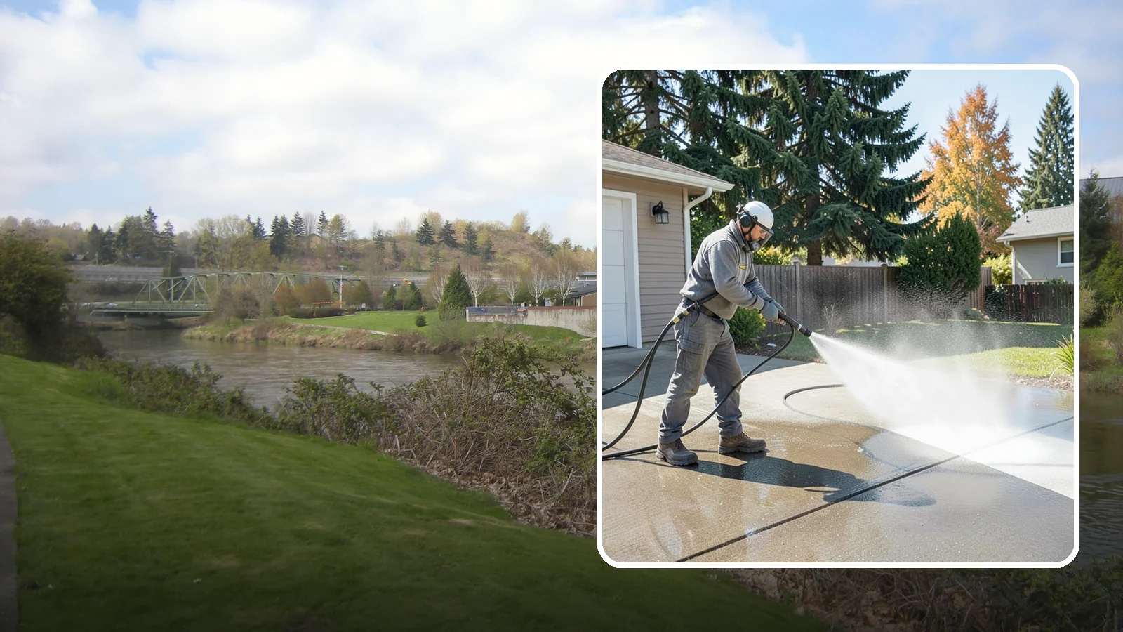 Concrete Cleaning in Tukwila, King County, WA - Restore dull, moss-shaded concrete around your Washington home to an even, clean finish with surface-cleaner pressure washing.