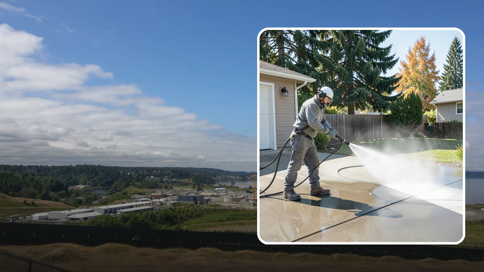 Concrete Cleaning in University Place, Pierce County, WA - Restore dull, moss-shaded concrete around your Washington home to an even, clean finish with surface-cleaner pressure washing.