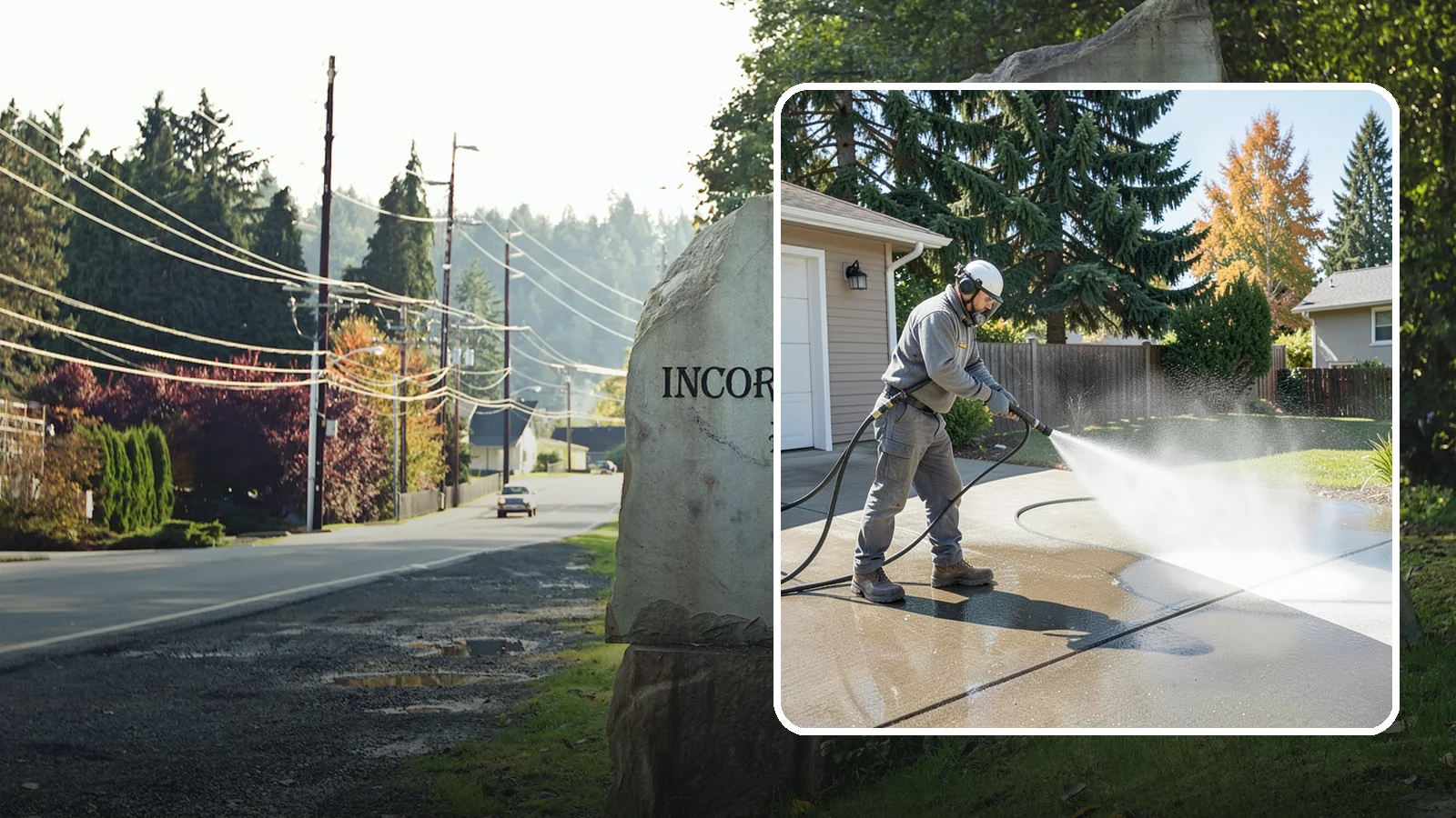 Concrete Cleaning in Wilkeson, Pierce County, WA - Restore dull, moss-shaded concrete around your Washington home to an even, clean finish with surface-cleaner pressure washing.