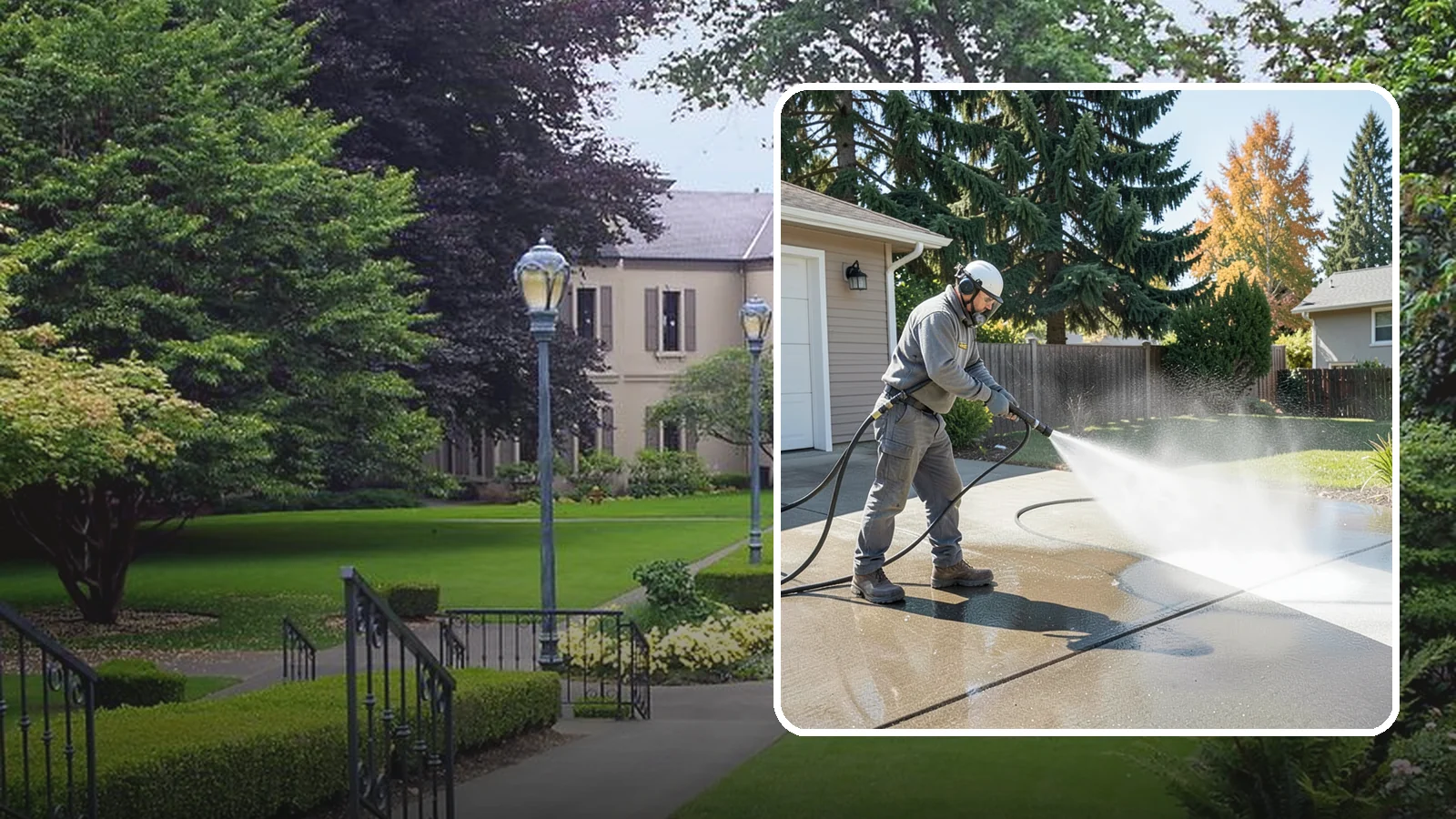 Concrete Cleaning in Woodinville, King County, WA - Restore dull, moss-shaded concrete around your Washington home to an even, clean finish with surface-cleaner pressure washing.