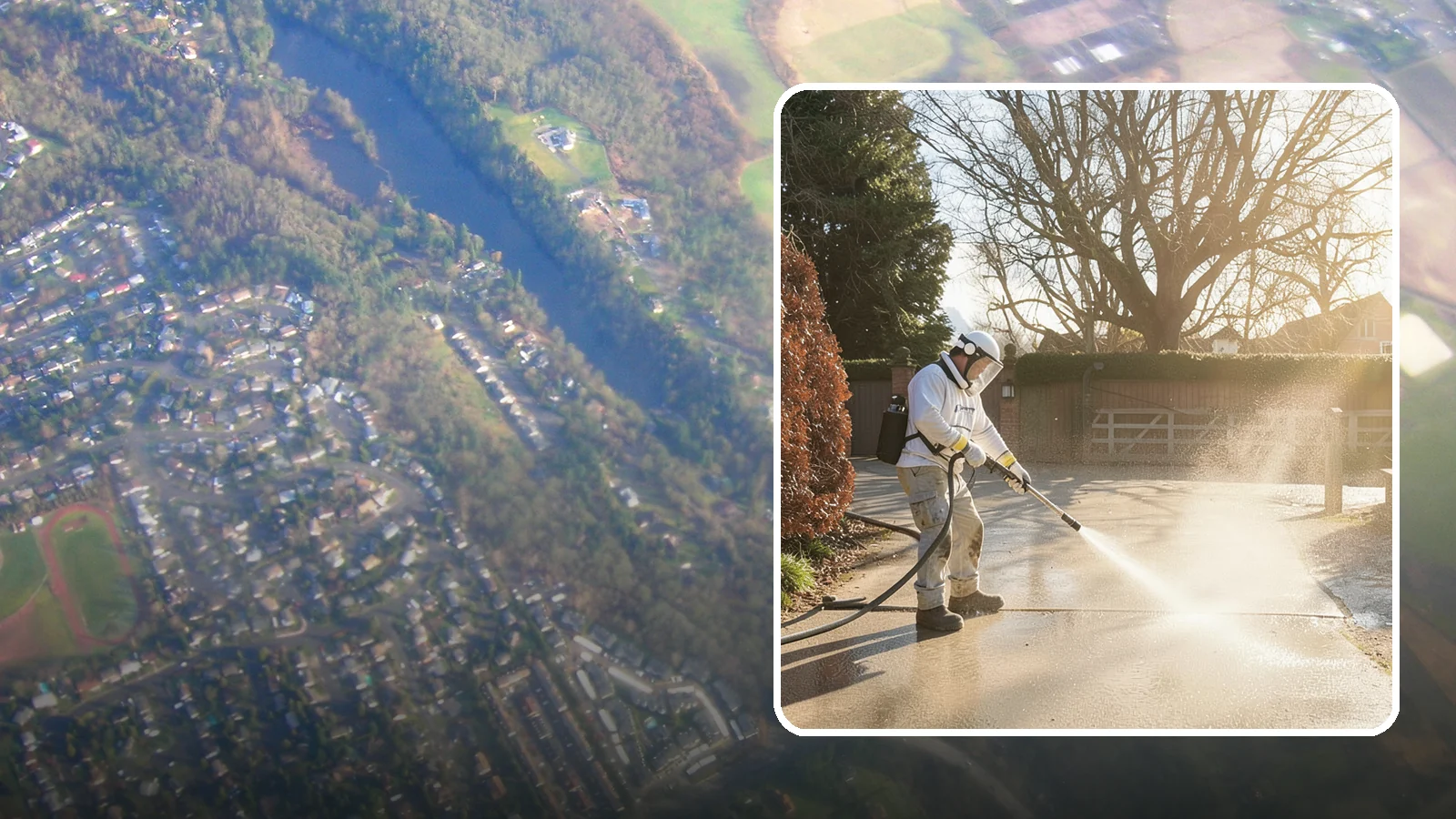 Concrete Driveway Cleaning in Algona, King County, WA - Deep cleaning for poured concrete driveways that lifts ingrained dirt and biological growth from the porous surface.
