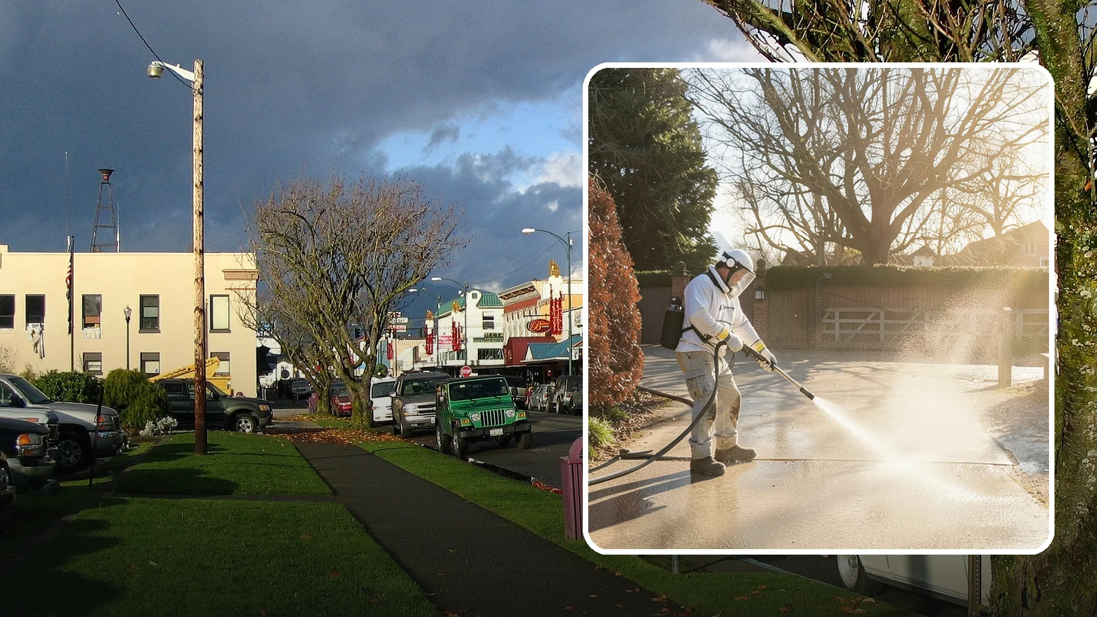 Concrete Driveway Cleaning in Arlington, Snohomish County, WA - Deep cleaning for poured concrete driveways that lifts ingrained dirt and biological growth from the porous surface.